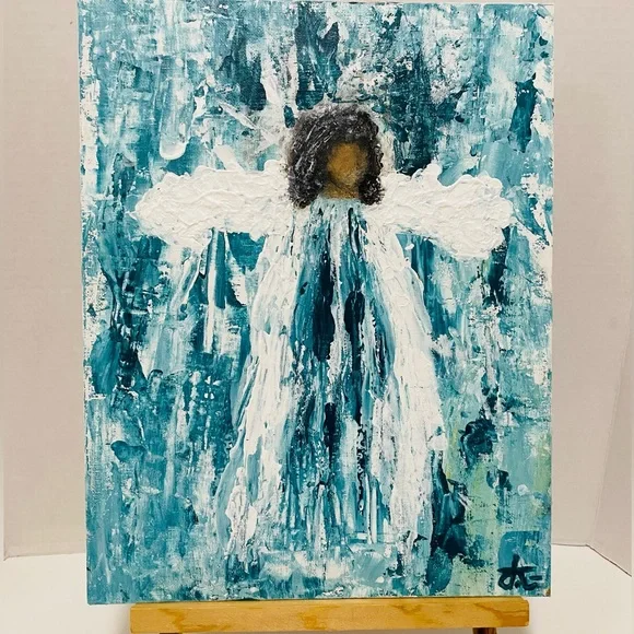 Original art Abstract Angel Wall Art Painting canvas turquoise/green and white - Picture 2 of 2